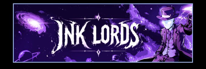 A purple-themed graphic banner featuring the stylized text 'INK LORDS' alongside a character in a suit and top hat against a cosmic, swirling background.