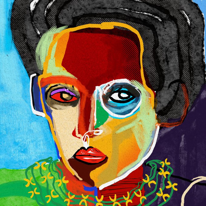 The image features a colorful portrait of a woman with a black hair style, wearing a necklace that has yellow flowers. The painting is done in an abstract style, which adds to its uniqueness. The artist's signature can be seen at the bottom right corner of the artwork. The post where this image was shared reads: "New Drop! On xrp.cafe/nft/00080000A6".