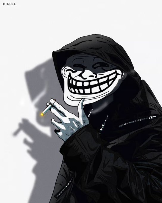 A hooded figure wearing a troll face mask smokes a cigarette, with "#TROLL" written in the top left corner. The meme ties into the post by personifying the $TROLL cryptocurrency—as the token's price climbs, the sender uses this menacing troll imagery to personally "troll" their friend who sold too early.