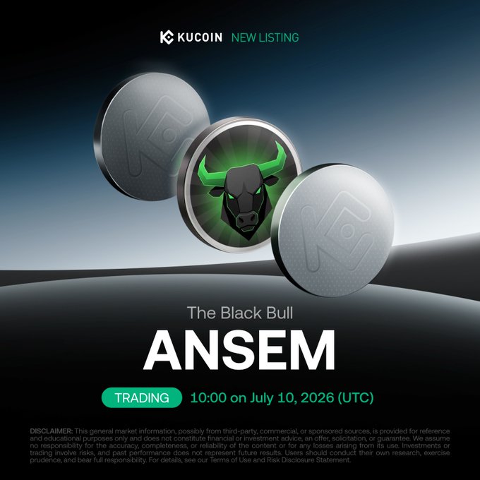KuCoin new listing announcement for $ANSEM ("The Black Bull"), with trading scheduled to begin at 10:00 UTC on July 10, 2026, featuring the token's green bull emblem on a coin graphic.