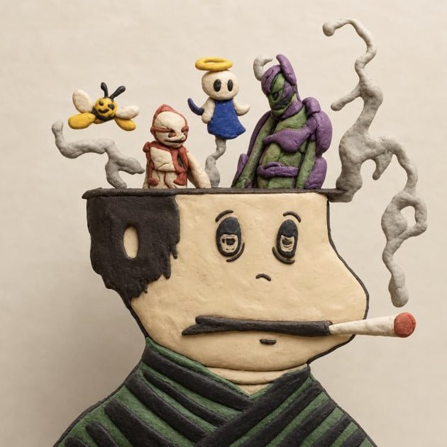 A claymation-style figure with a sad expression, a cigarette in its mouth, and an open head revealing small whimsical characters and smoke rising above.