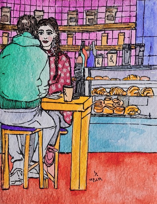Watercolor and ink illustration of two people sitting at a high wooden table inside a bakery or café, with shelves of jars and pastries visible behind them; signed and dated '19/4/20'.