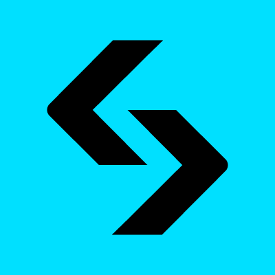 A simple logo featuring a stylized black double-chevron or arrow design on a cyan background.