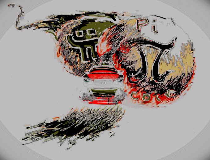 A distorted, glitchy circular graphic featuring stylized text 'JJ Pi' and an illustration of a vintage Volkswagen bus in red, white, and green colors.