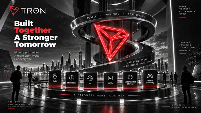Promotional graphic for TRON featuring a glowing red triangular logo, text reading 'Built Together A Stronger Tomorrow,' and icons for DeFi, Stablecoins, AI, NFTs, Decentralized Storage, and Creative Economy.