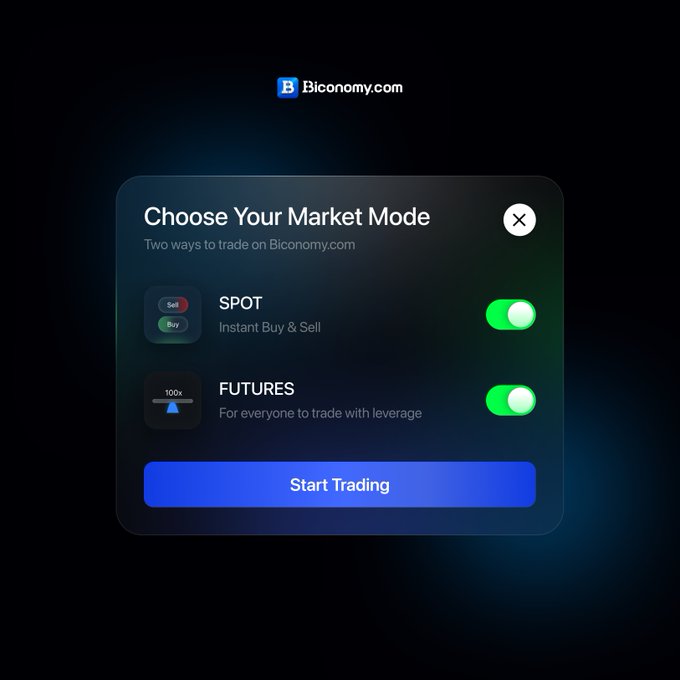 The image shows a screen displaying options for choosing a market mode, with two choices available: Spot (trade immediately) and Futures (buy/sell). The background of the photo is dark but there's a green light at the top center that helps highlight the information on the screen. This image could be part of a guide or tutorial providing information about trading platforms like Biconomy, which is also referred to as BitcoinTrading here.