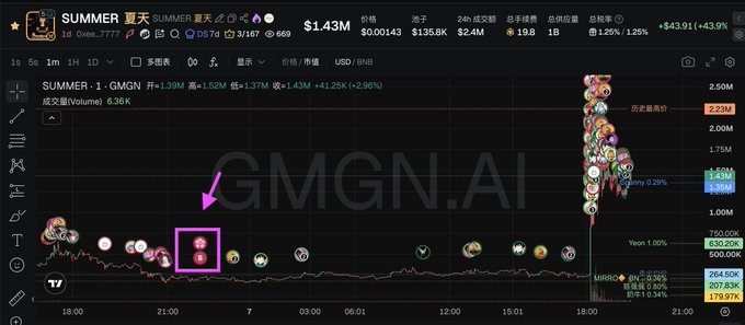 This cryptocurrency trading chart shows the "SUMMER" token's performance against "GMGN" (which is labeled as an AI project) with the price reaching $1.43M. The purple boxes with icons appear to represent buy or sell orders from various users.