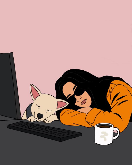 An illustration of a woman with dark hair sleeping at a desk next to a small white dog, with a computer monitor and coffee mug nearby.