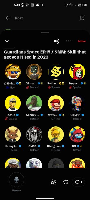 Twitter/X Spaces interface showing 'Guardians Space EP.15 / SMM: Skill that get you Hired in 2026' podcast with various NFT profile participants including Emk, Ginsu, Solflare, and Richie.