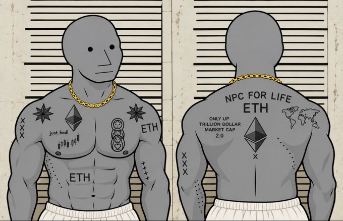 A cartoon mugshot of a gray character covered in Ethereum (ETH) tattoos including 'just hodl', 'ETH', and 'NPC FOR LIFE ETH ONLY UP TRILLION DOLLAR MARKET CAP 2.0' on the back.
