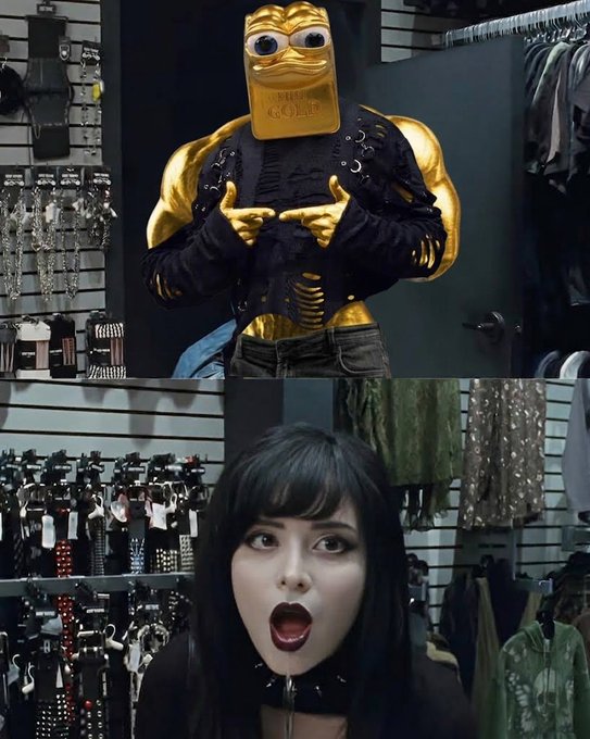 A two-panel image showing a muscular gold-colored character with a gold bar for a head making finger-gun gestures in a clothing store, followed by a young woman with dark hair and a shocked, open-mouthed expression in what appears to be the same store.