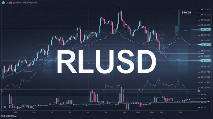 A financial candlestick chart displays the ticker 'RLUSD' prominently in the center, showing price action and volume data on a dark blue background.