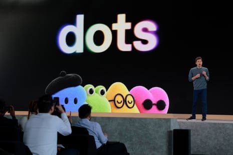 A man presents on stage beneath a large "dots" logo, with a row of colorful spherical characters lined up below—visually echoing Mark Zuckerberg's metaverse avatar aesthetic that the post is criticizing. The image satirizes tech companies copying Meta's branding concept in pursuit of relevance.