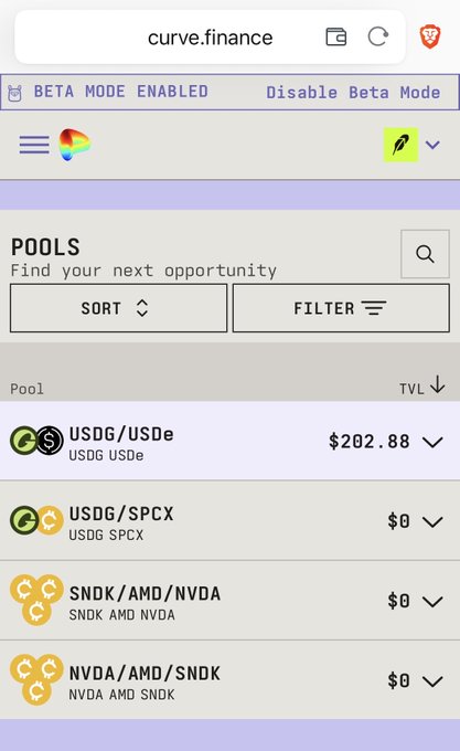 Screenshot of the curve.finance interface showing its pools page in beta mode, listing liquidity pools such as USDG/USDe ($202.88 TVL), USDG/SPCX, SNDK/AMD/NVDA, and NVDA/AMD/SNDK, illustrating the platform's recent launch on the Robinhood chain.