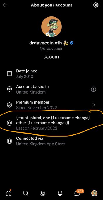 An 'About your account' screen for the Twitter/X handle @drdavecoin, with the username 'drdavecoin.eth' and display name 'drdavecoin'. A circled section highlights '1 username change' with the note 'Last on February 2022'.