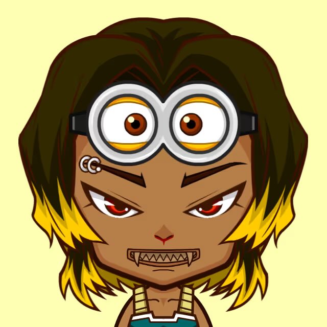 A chibi-style cartoon avatar of a character with brown and yellow hair, large round goggles, red eyes, and a stern expression.