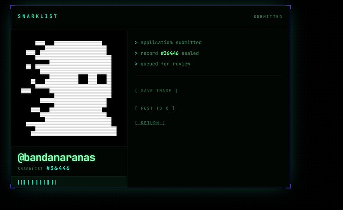 A digital SNARKLIST submission interface shows 'application submitted,' 'record #36646 sealed,' and 'queued for review' for the username '@bandanaranas' with a pixelated glitch-style avatar image.