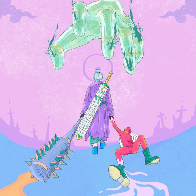 An anime-style illustration shows a figure in purple robes holding weapons, accompanied by a red demon-like character, facing a giant translucent green hand reaching down from above.