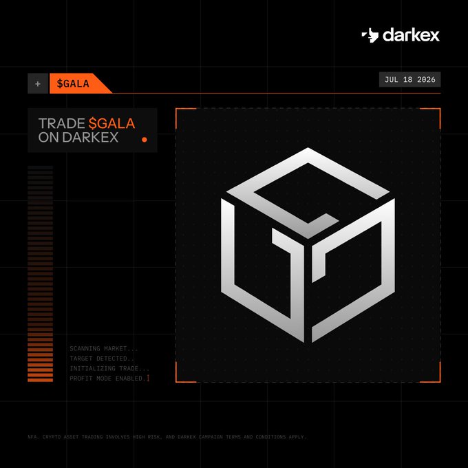 The image is a promotional graphic for Darkex announcing the trading availability of $GALA, featuring the date "JUL 18 2026," the text "TRADE $GALA ON DARKEX," and a large stylized "G" logo, accompanied by console-style text reading "SCANNING MARKET... TARGET DETECTED... INITIALIZING TRADE... PROFIT MODE ENABLED." The futuristic, tech-inspired design with targeting brackets and system messages visually reinforces the post's message that GALA has transitioned from being merely a gaming asset into a standalone tradable cryptocurrency on Darkex.