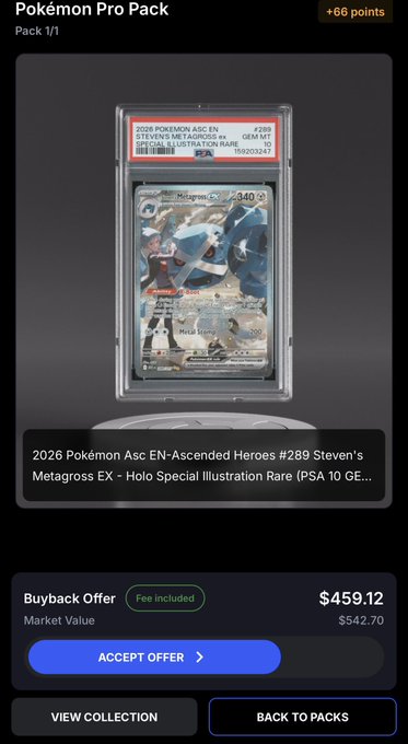 The image shows a "Pokémon Pro Pack" on Courtyard.io displaying a PSA 10 graded 2026 Pokémon Ascended Heroes #289 Steven's Metagross EX Special Illustration Rare card, with a buyback offer of $459.12 (market value $542.70). The caption and post highlight a successful single $50 pack pull of this grail card needed for a master set.