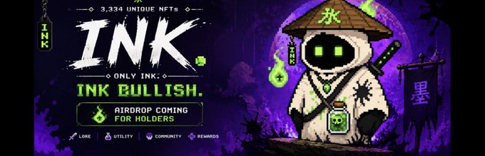 Promotional banner for the INK MONKS NFT collection, displaying "3,334 UNIQUE NFTs," "ONLY INK," "INK BULLISH," and "AIRDROP COMING FOR HOLDERS," alongside a pixel-art monk character in a conical hat holding a glowing green ink vial with a sword on its back, set against a dark purple background.