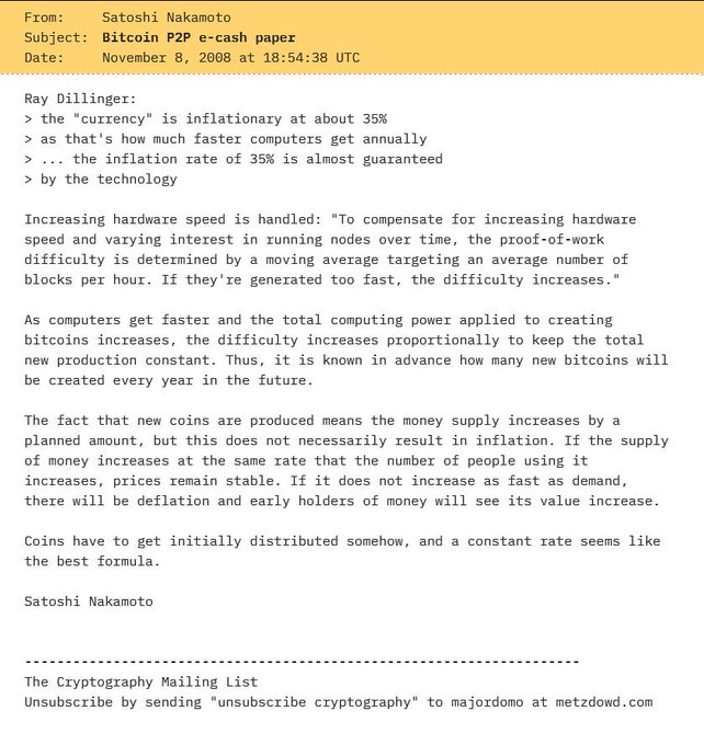 The image shows an email from Satsoshi Nakato, which appears to be a message about Bitcoin. It contains text that talks about Bitcoin's history and its impact on the economy. The email also mentions that Bitcoin was not the first name of the cryptocurrency, but rather it was named after Satoshi Nakamoto. This information is relevant to understanding the origins and development of Bitcoin as a digital currency.