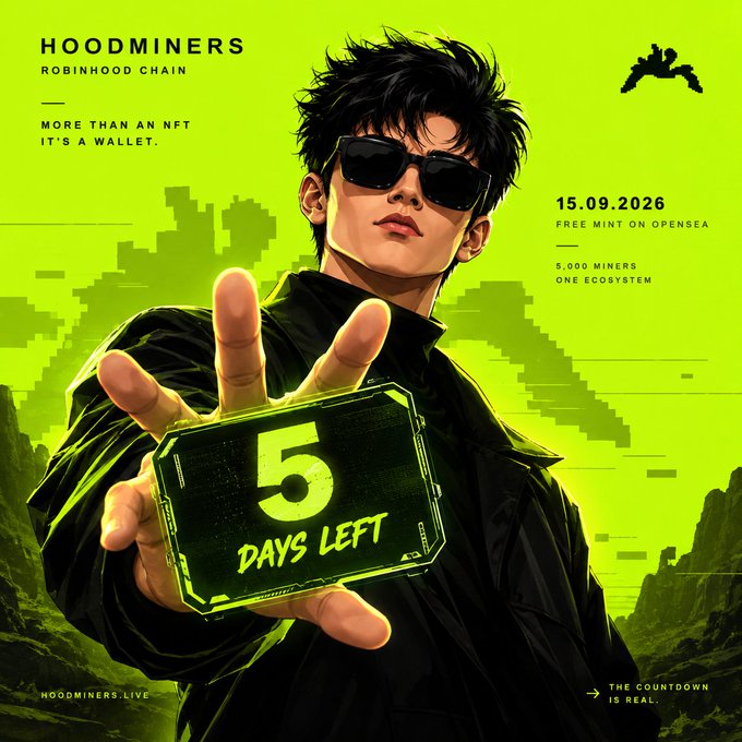 A promotional graphic for 'HOODMINERS' by Robinhood Chain, styled in green and black, featuring an anime-style male character holding a '5 DAYS LEFT' card, advertising a free mint on OpenSea on 15.09.2026.