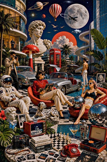 A surreal, retro-futuristic collage features a Roman statue, a red telephone booth, a woman reading a book, classic cars, a disco ball, an astronaut, and a record player, with visible text including 'JIMMY NEUTRON', 'MYSONS MID', 'TOM FORD', 'CHANEL', and 'MILES DAVIS'.