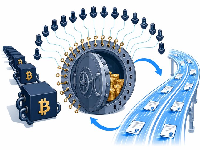 A digital illustration depicts a Bitcoin vault filled with gold coins, secured by a chain and surrounded by key icons, with an arrow transferring document packets along a flowing blue data stream—visually representing the movement of stolen Bitcoin from the Liquid sidechain into legitimate circulation channels. The Bitcoin logo is prominently displayed on the chained blocks on the left side.