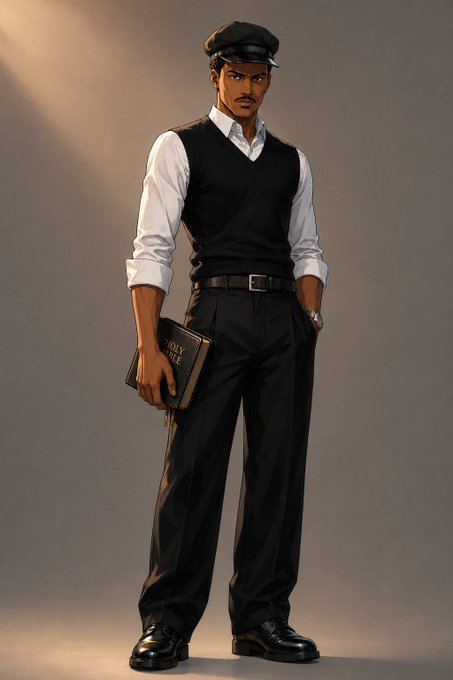 A stylish man with a mustache wears a black cap, white dress shirt, black sweater vest, and black trousers, while holding a book labeled "HOLY BIBLE." The image conveys a respectful, faith-centered Sunday message, fitting the post's greeting of "Happy Sunday CT."