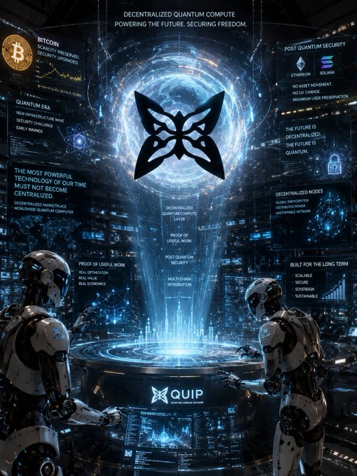 A futuristic sci-fi scene features two robotic figures observing a glowing holographic display centered around the QUIP network logo, with the tagline "DECENTRALIZED QUANTUM COMPUTE - POWERING THE FUTURE, SECURING FREEDOM" and surrounding panels highlighting Bitcoin quantum security upgrades, post-quantum cryptography, and proof of useful work consensus. The visual aligns with the post's themes of decentralized compute and the approaching quantum era that challenges existing security infrastructure.
