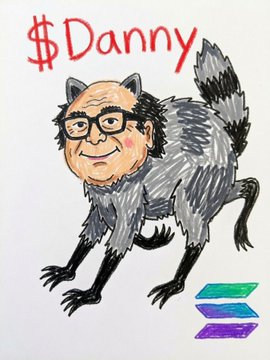 A cartoon illustration of a raccoon-like creature with a man's face wearing glasses, labeled '$Danny' in red text at the top, with a Solana logo in the bottom right corner.