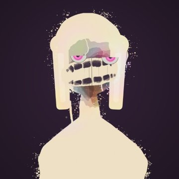 A digital illustration of a creepy, distorted face with elongated white hair, glowing pink eyes, and an exaggerated grinning mouth with large teeth against a dark purple background.