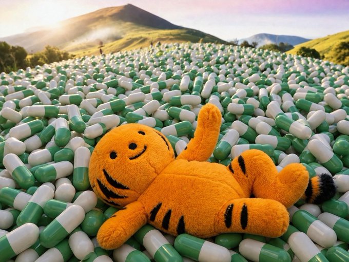 An orange plush tiger with black stripes lies among a massive field of green and white pill capsules in a grassy mountain landscape. The image, paired with a post about a "Mf cheeto tiger" migrating to Pumpfun, uses the playful tiger mascot surrounded by pills to hint at the crypto token launch teaser.