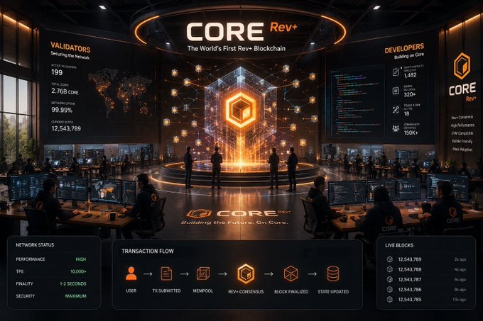 The image shows a group of people working at computers, possibly in an office setting or a tech company. The main focus of the image is a large screen displaying information about CoreRev, which is a platform for building and managing blockchain projects. The text on the screen reads "CoreRev", "The World's First True RevBlockchain", and "Developer's Edition". This suggests that CoreRev is a tool designed to facilitate the development and management of blockchain projects.