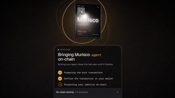 A digital interface for 'Murisco .agent' showing an NFT card being minted on-chain, with a checklist of completed steps like 'Preparing the mint transaction' and 'Confirm the transaction in your wallet', while 'Projecting your identity on-chain' remains in progress.