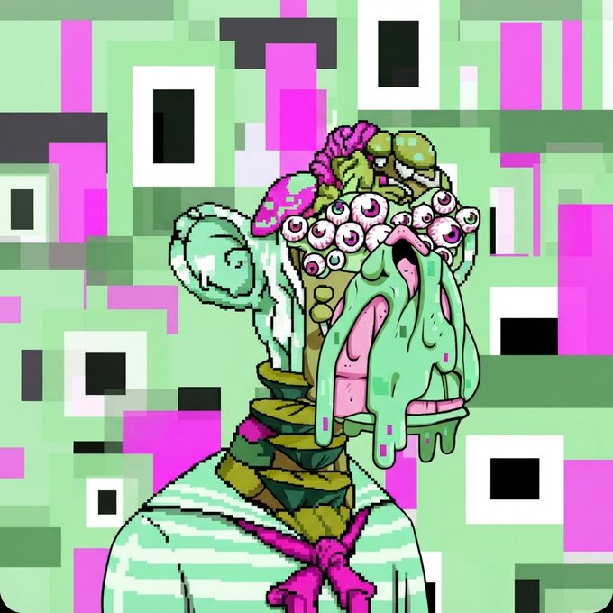 A surreal pixel-art illustration of a snail-like creature with multiple eyeballs and a melted green face dripping with slime, set against a pink and green geometric background.