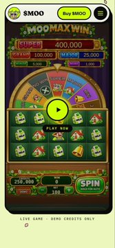 A mobile slot machine game interface for "MOOMAX WIN" showing a Super Times Pay wheel, coin balance of 250,000, and various gaming options.