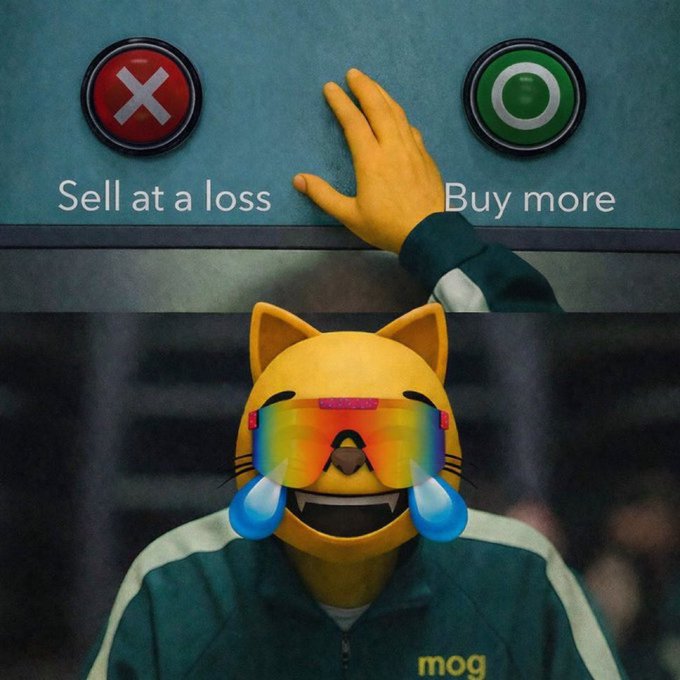 A meme showing a crying cartoon cat character in sunglasses reaching for a green 'Buy more' button next to a red 'Sell at a loss' button, referencing the show Squid Game.