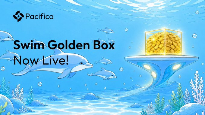 A promotional graphic with an underwater theme featuring dolphins, coral, and a glowing treasure chest on a pedestal, with text reading 'Pacifica', 'Swim Golden Box Now Live!'.