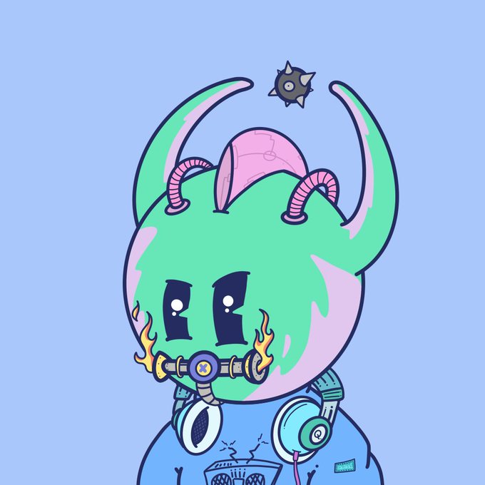 A cartoon illustration of a green horned character with an angry expression, wearing headphones and a device with flames near its mouth, against a light blue background.
