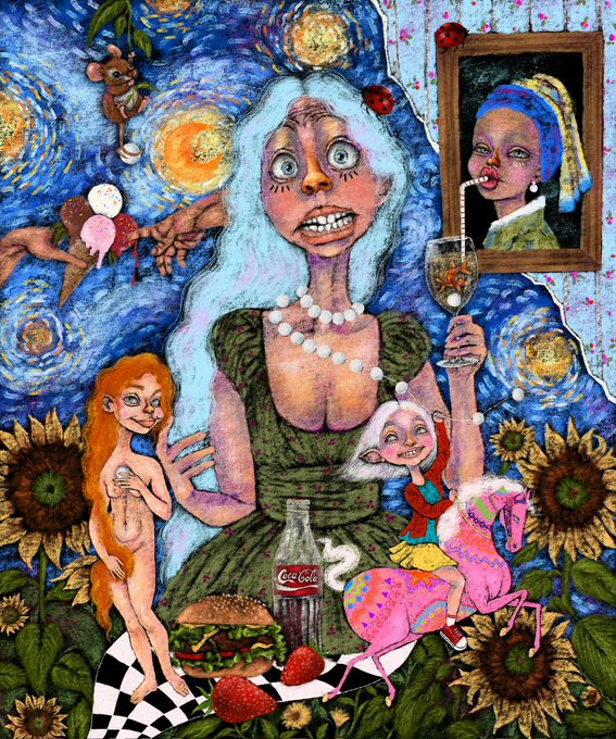 A surreal, Van Gogh-inspired mixed-media artwork depicting a wide-eyed figure with blue hair holding a wine glass, surrounded by a 'Girl with a Pearl Earring' parody, sunflowers, a Coca-Cola bottle, and a hamburger.