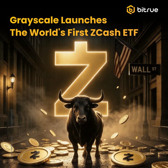 A dramatic promotional graphic features a bull charging through a foggy Wall Street street scattered with gold ZCash coins, set against a glowing ZEC symbol. The header reads "Grayscale Launches The World's First ZCash ETF," with Bitrue branding at the top, visually emphasizing the bullish momentum driving ZEC's nearly 50% rally past $800 following this historic ETF launch.