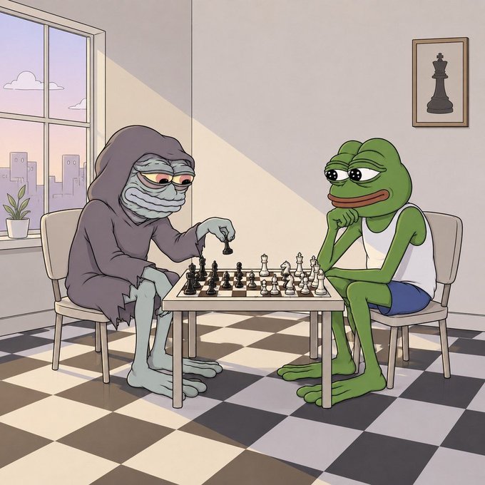 A cartoon illustration depicting a hooded elderly figure playing chess against a green frog-like character wearing a white tank top, set in a room with a checkerboard floor and a chess king picture on the wall.