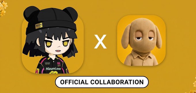 A promotional graphic with a yellow background displays "X" between two avatars and "OFFICIAL COLLABORATION" at the bottom, featuring "HizumiLexe" text on the left character.