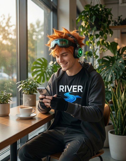 A young man with orange hair wearing goggles and a headset smiles while looking at his phone, seated at a wooden table in a plant-filled café; his black t-shirt displays the word 'RIVER' above a blue wave logo.