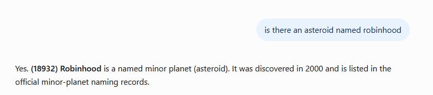 A chat response confirming that (18932) Robinhood is a named minor planet (asteroid) discovered in 2000.