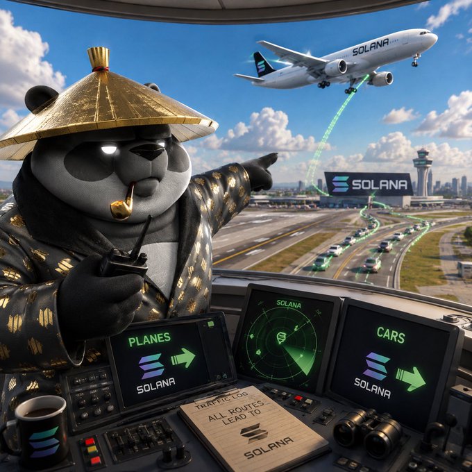 A panda wearing a straw hat and gold-patterned robe operates a Solana-themed control room with monitors labeled "PLANES" and "CARS," directing a plane flying a glowing "SOLANA" banner and a highway full of cars below. The image reinforces the post's message of steady, guided progress—every vehicle and flight converging toward Solana symbolizes how each small, deliberate step forward brings you closer to your destination.