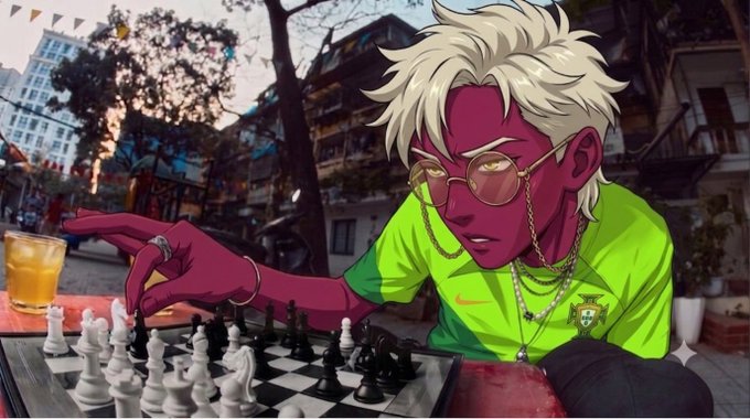 An anime-style illustration of a red-skinned character with blonde hair and sunglasses, wearing a neon green Portugal jersey, concentrating while playing chess outdoors.