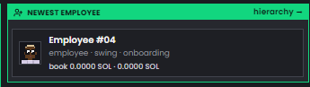 A screenshot showing 'NEWEST EMPLOYEE' with 'Employee #04' listed as 'employee.swing.onboarding' from the menu 'hierarchy'.